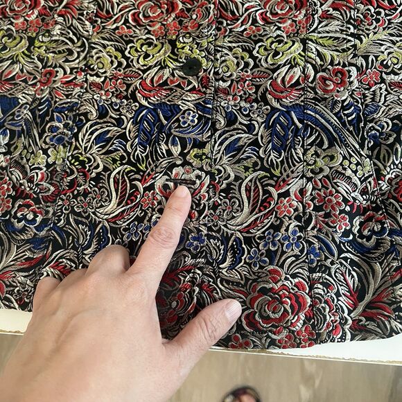 Chico’s Size 3 Multicolored Silk Blend Jacket Asian Inspired Abstract Flaw Read - Picture 8 of 9